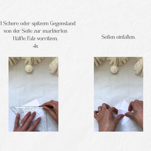 May include: Two-panel image showing paper folding instructions. The left panel shows a hand using a ruler and pen to mark a fold. The text reads: "Mit Schere oder spitzem Gegenstand von der Seite zur markierten Halfte Falz vorritzen. 4x." The right panel shows a hand folding the paper. The text reads: "Seiten einfalten."