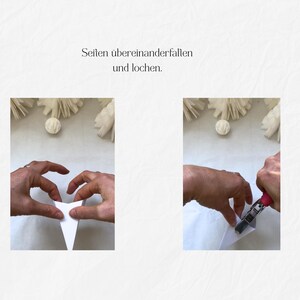 May include: Two-panel image showing steps for a craft project. The first panel shows hands folding a white paper. The second panel shows hands using a pink and silver hole punch on the folded paper. Text at the top reads "Seiten &uuml;bereinanderfalten und lochen."