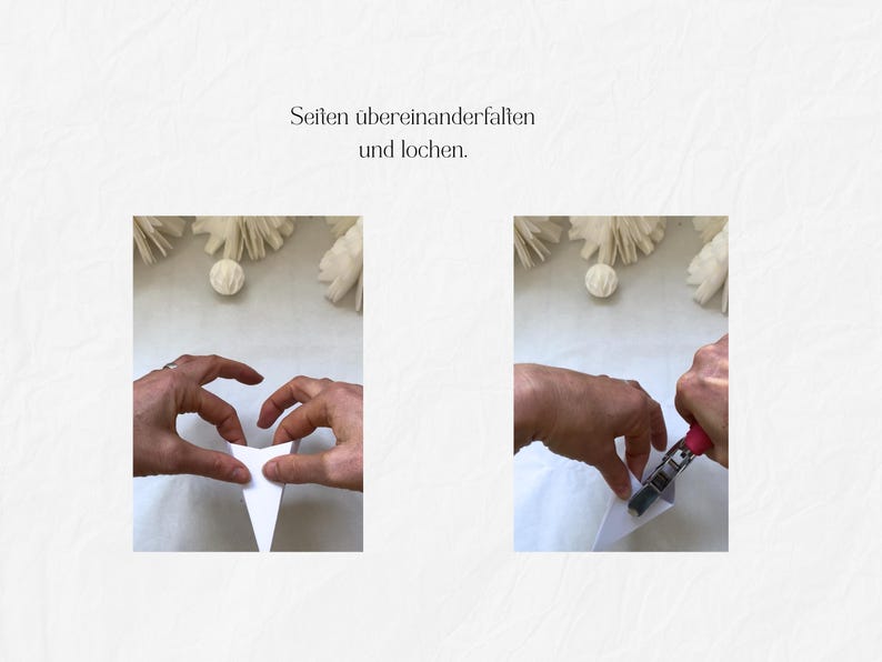May include: Two-panel image showing steps for a craft project. The first panel shows hands folding a white paper. The second panel shows hands using a pink and silver hole punch on the folded paper. Text at the top reads "Seiten &uuml;bereinanderfalten und lochen."