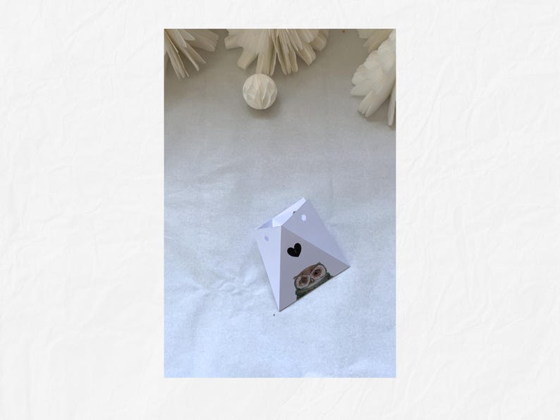 May include: A white, geometric gift box with a black heart and an owl illustration. The box is folded into a pyramid shape and has small holes near the top. Decorative paper flowers and a white ball are in the background.