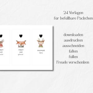 May include: A white card with three watercolor illustrations of woodland animals, including a deer and a fox, each topped with a black heart. Text in German reads "24 templates for fillable packages."