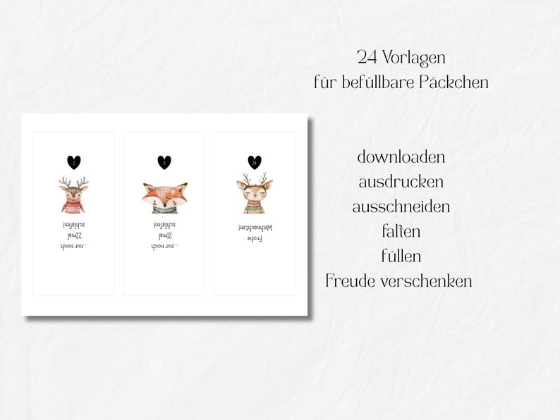 May include: A white card with three watercolor illustrations of woodland animals, including a deer and a fox, each topped with a black heart. Text in German reads "24 templates for fillable packages."