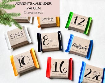 May include: A collection of Advent calendar chocolate bars with numbers 1, 2, 8, 10, 12, 16, 20, and 21 printed on them. Each bar is wrapped in brown paper and sealed with colorful foil. The text "ADVENTSKALENDER ZAHLEN DOWNLOAD" is at the top.