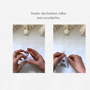 May include: Two-panel image showing the assembly of a small, white paper gift box. The text "B&auml;nder durchziehen, f&uuml;llen und verschlie&szlig;en" is visible. The box features a heart and owl design.