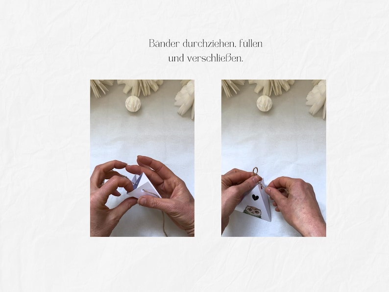 May include: Two-panel image showing the assembly of a small, white paper gift box. The text "B&auml;nder durchziehen, f&uuml;llen und verschlie&szlig;en" is visible. The box features a heart and owl design.