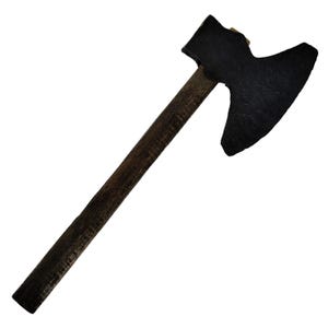 May include: A hand axe featuring a dark, textured metal head with a wide, curved blade edge attached to a long, straight, dark brown wooden handle. The tool has a rugged appearance with a visible grain on the handle and a matte finish on the head.