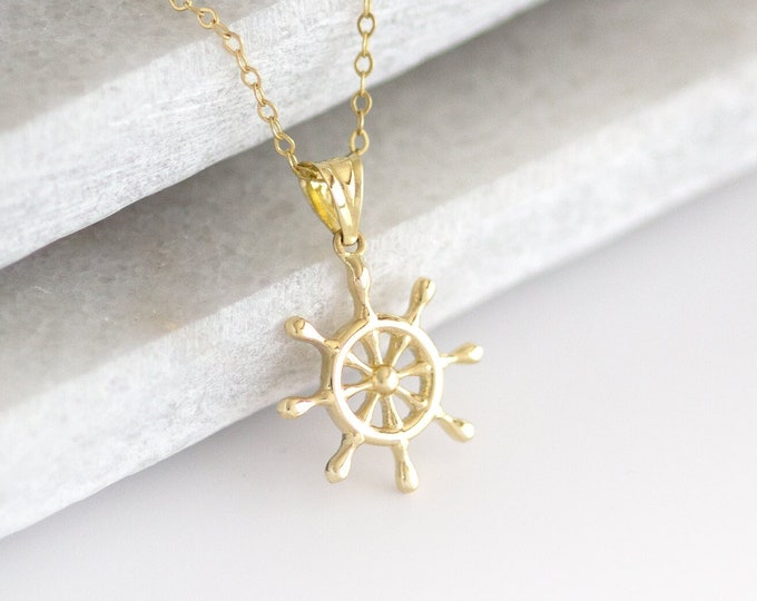 Gold Rudder Necklace, 14 K Solid Gold Ship Wheel Necklace Real Gold ...