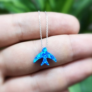 Silver Blue Opal Swallow Necklace: Handmade 925K Silver Bird Pendant