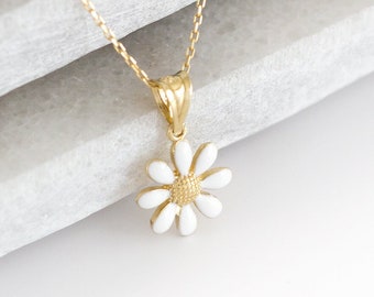 Gold Daisy Necklace, 14 K Solid Gold Dainty Daisy Flower Pendant With Necklace | Real Gold Enamel Jewelry, Nature Theme Birthday Gift