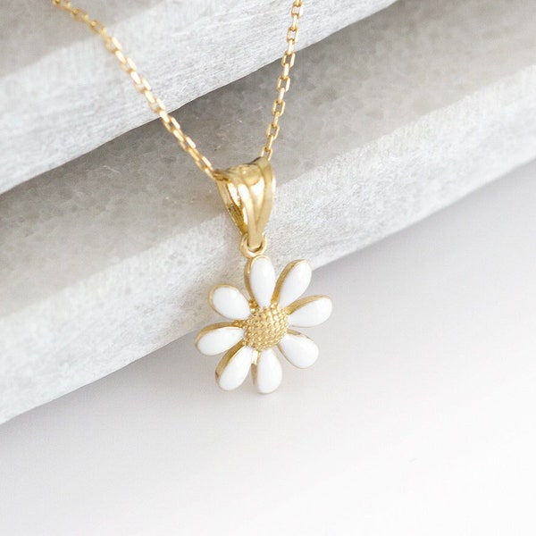 Gold Daisy Necklace, 14 K Solid Gold Dainty Daisy Flower Pendant With Necklace | Real Gold Enamel Jewelry, Nature Theme Birthday Gift