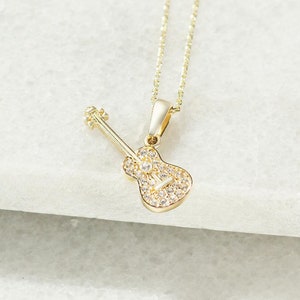 Guitar Necklace | Solid Gold Pendant With Necklace. Guitar 14K Dainty Gold Jewelry.  Musical Theme Guitar Player Birthday gift