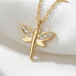 14K Solid Gold Dragonfly Necklace, Dainty CZ Pendant