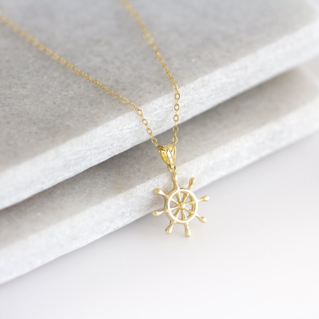 Gold Rudder Necklace, 14 K Solid Gold Ship Wheel Necklace Real Gold ...