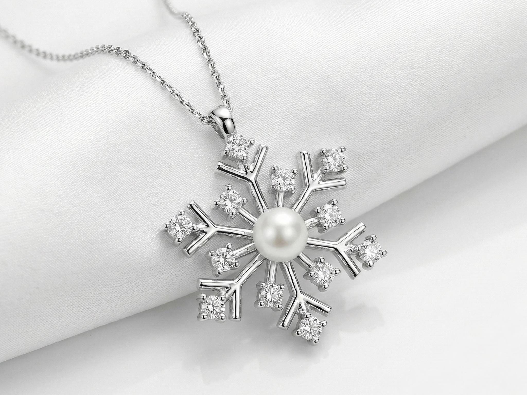 925 Silver Snowflake Necklace, Pearl & CZ Pendant, Christmas Gift 
