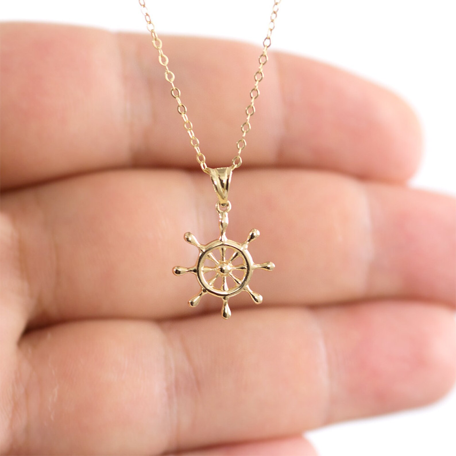 Gold Rudder Necklace, 14 K Solid Gold Ship Wheel Necklace Real Gold ...
