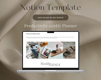 May include: A laptop computer displaying a Notion template for a productivity weekly planner. The template features a white background with black text and images of a blue bag, a book, and a wooden tray with a small plant.
