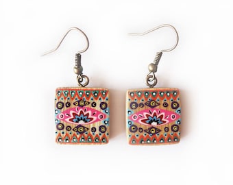 Earrings square bamboo handpainted pink and orange
