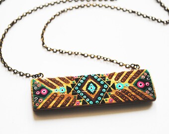 Long rectangle bamboo handpainted green and Brown tribal