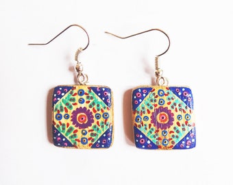 Earrings square bamboo handpainted blue and turquoise