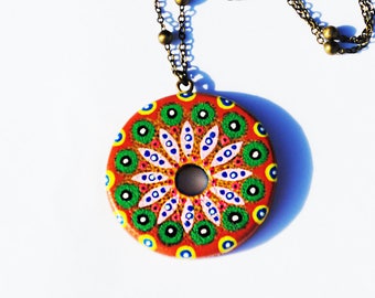 Necklace round bamboo handpainted orange and green mandala