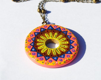 Necklace round bamboo handpainted yellow, blue and pink mandala