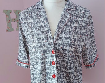 Woman cats camp collar shirt, vintage style shirt, black and white shades, notched collar shirt