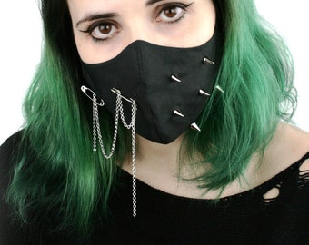 Black Punk mask with spikes and chain, Goth mask with filter pocket, Alternative mask, Black goth mask, mask cosplay