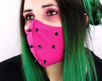 Pink punk mask with filter pocket, grunge yellow mask, punk mask, emo mask, mask with black spikes, pop punk mask