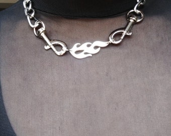 Chunky necklace silver, Punk chain choker, Edgy gift for boyfriend, Emo jewelry for women, Flame pendant, Stainless steel chain, Alt jewelry