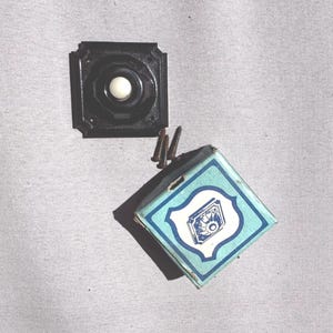 May include: A square black doorbell button with a central white push button, accompanied by three small metal screws and a light blue cardboard box featuring a graphic illustration of the doorbell on its top surface.