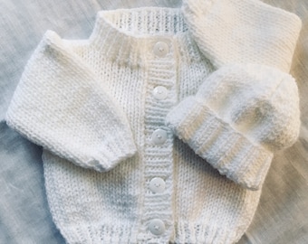 3 Month Infant Baby Cardigan Sweater and Hat - White