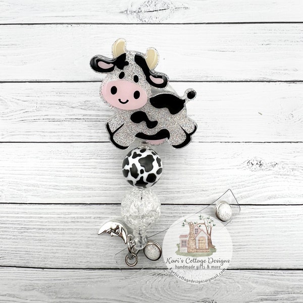 Cow Retractable Badge Reel | Fun Badge Reel | Nurse Badge Reel | Teacher Badge Reel | Beaded Badge Reel | Jumping Cow