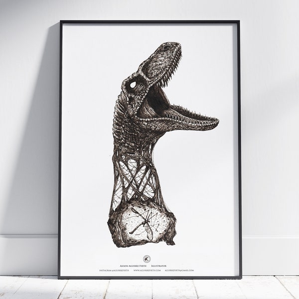 Velociraptor and Amber Split Art Print