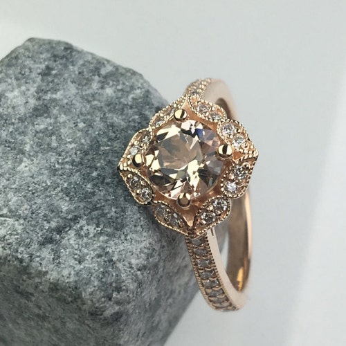 Halo Morganite Diamond Engagement Ring in 14K Rose Gold - Etsy