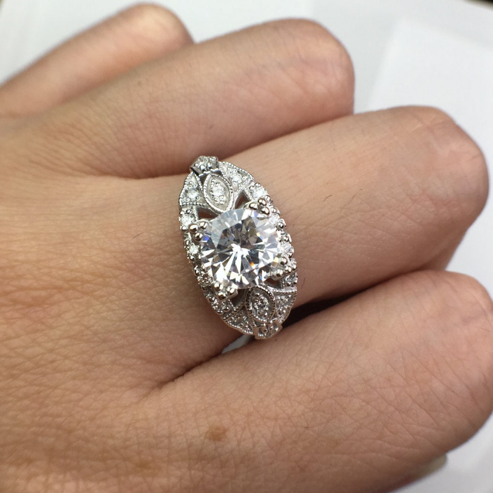 Buy Art Deco 6.5mm FB Moissanite Diamond Engagement Ring in 14K  