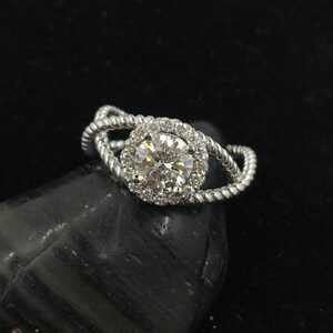 14K White Gold FB Moissanite Diamond Halo Engagement Ring with Twisted Shank