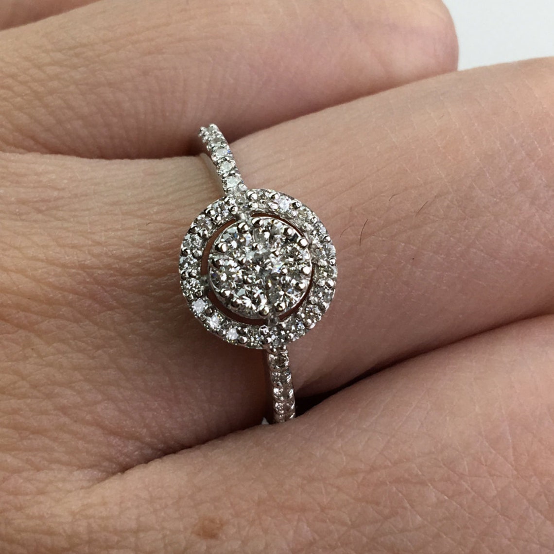 14K White Gold Halo Diamond Cluster Ring Etsy
