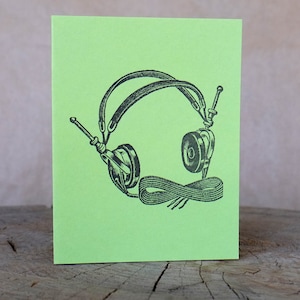 Letterpress Greeting Card, Vintage Headphones - Green