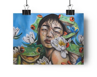 Surreal Frog Portrait Art Print | Whimsical Tree Frogs, Water Lilies Wall Decor (Giclée)