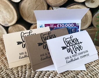 Personalized Wedding Favor Scratch Card Holder: Lucky In Love Lotto Ticket Wallet