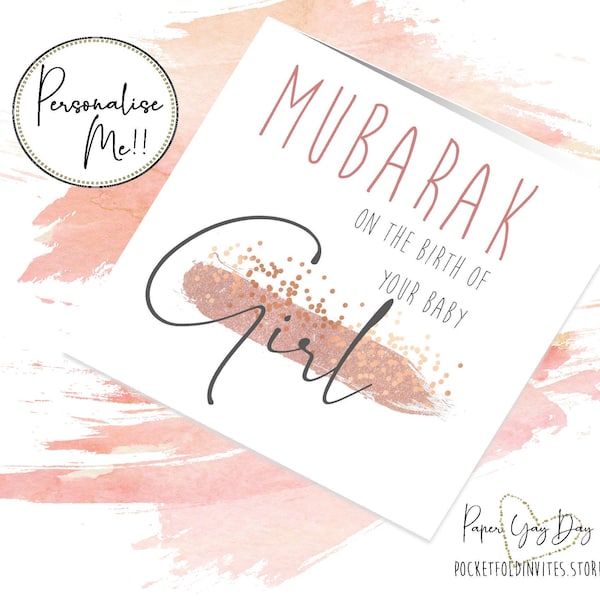 Personalized Mubarak Baby Girl Card. Islamic New Baby Card. Baby Greetings Card. Masha Allah Baby Card. Congratulations Customizable Card