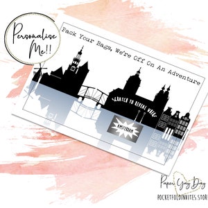 Gratta sorpresa viaggio card. Travel Card Amsterdam Holiday Card. Scratch & carta di rivelare Jetting Off