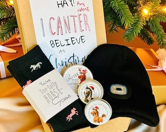 Handmade Horse Lover Box – Personalised Christmas Equestrian Set with Torchlight Beanie, Socks and Treats