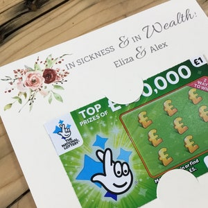 Idée de faveur de mariage Portefeuille de cartes à gratter Faveur de mariage.  Faveur personnalisée. Cadeau de mariage. Détenteur de billets de loterie Mangez, buvez et soyez chanceux!