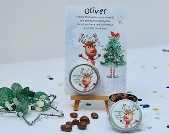 Personalized Reindeer Poo: Christmas Eve Chocolate Raisins Tin
