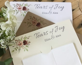 Wedding Tissue Holder. Personalised Happy Tears favour. Customized Floral Tears of Joy. Tissues
