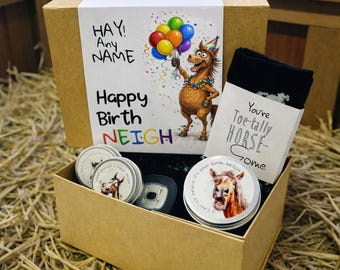 Custom Equestrian Birthday Gift Box – BirthNEIGH  – Includes Socks, Beanie and Treats