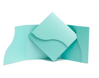 Turquoise Blue Pearlescent Square Pocket Fold Card. Wedding Stationery Idea. Pocketfold envelopes. Wallet Invites. Envelope Style Cards.