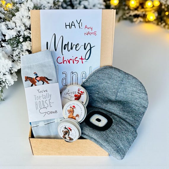 Custom Horse Rider Gift Box – Mare-y Christ-Mane – Equestrian Set with Beanie, Socks and Accessories