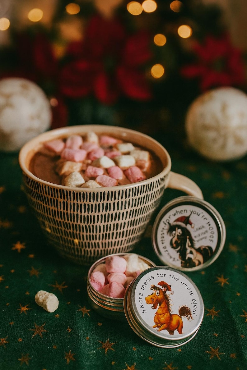 May include: A mug of hot chocolate topped with pink and white marshmallows, next to two small tins with cartoon horse and dog illustrations. The mug has a black and white pattern and is on a green surface.
